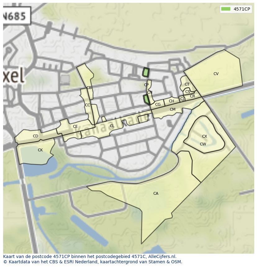 Afbeelding van het postcodegebied 4571 CP op de kaart.