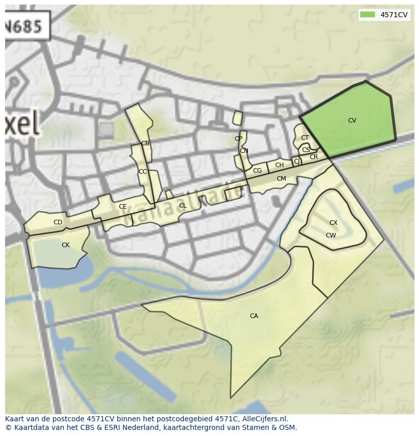 Afbeelding van het postcodegebied 4571 CV op de kaart.