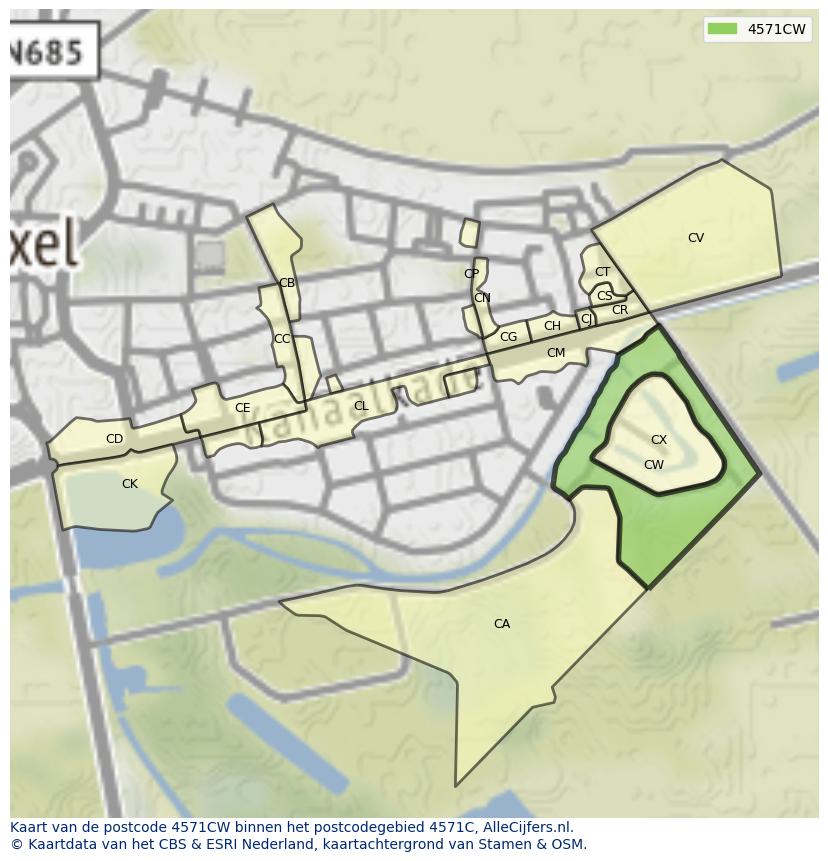 Afbeelding van het postcodegebied 4571 CW op de kaart.