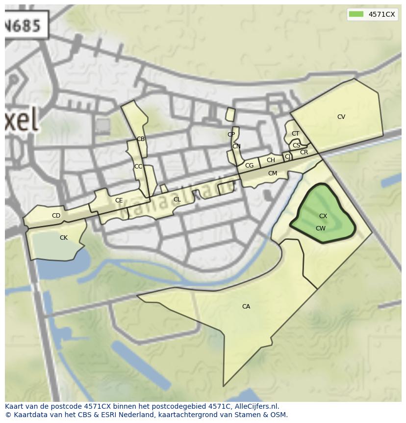 Afbeelding van het postcodegebied 4571 CX op de kaart.