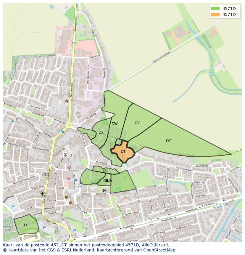 Afbeelding van het postcodegebied 4571 DT op de kaart.