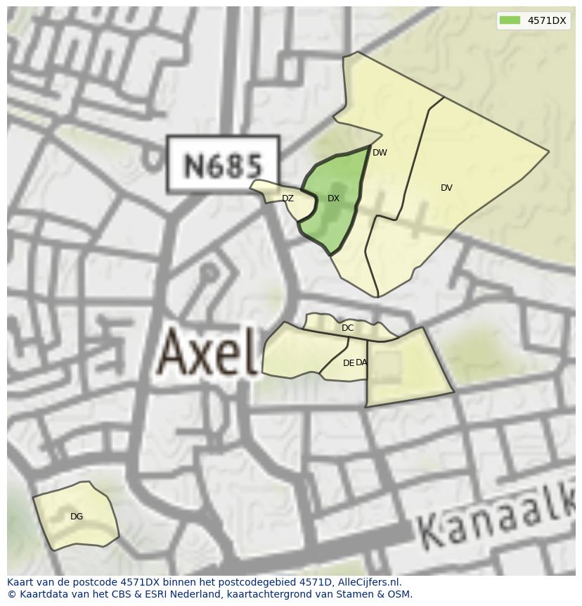 Afbeelding van het postcodegebied 4571 DX op de kaart.