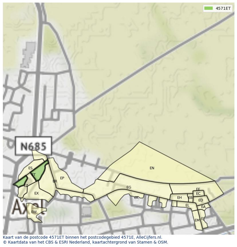 Afbeelding van het postcodegebied 4571 ET op de kaart.