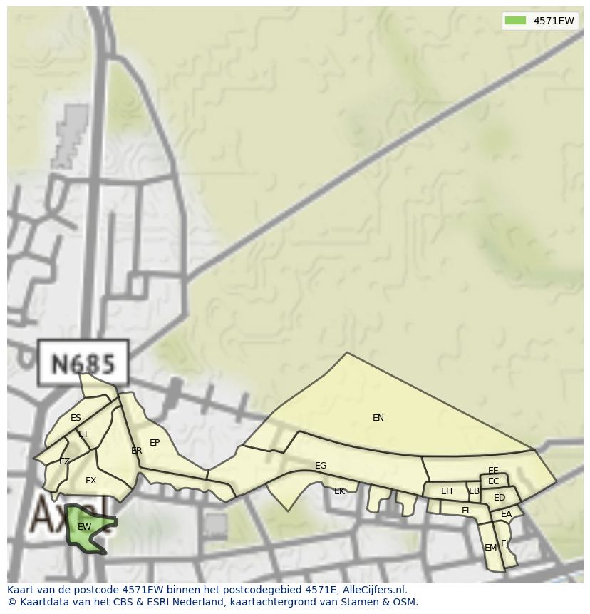 Afbeelding van het postcodegebied 4571 EW op de kaart.