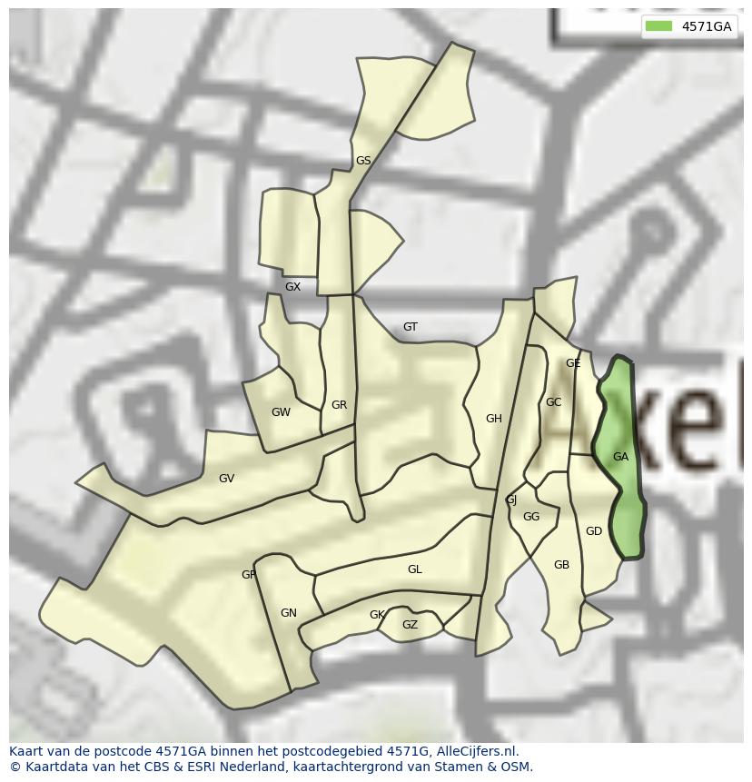 Afbeelding van het postcodegebied 4571 GA op de kaart.