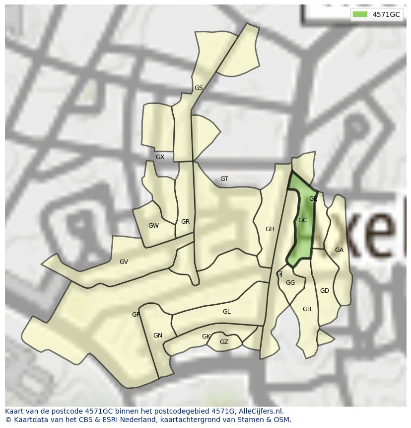 Afbeelding van het postcodegebied 4571 GC op de kaart.