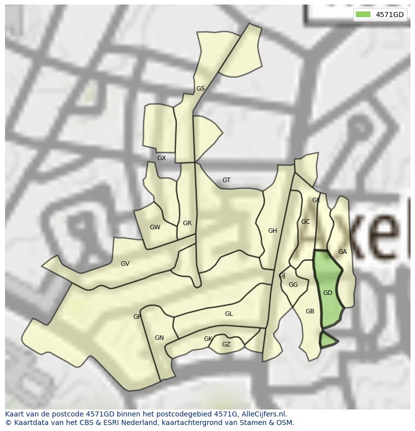 Afbeelding van het postcodegebied 4571 GD op de kaart.
