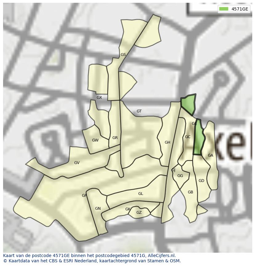 Afbeelding van het postcodegebied 4571 GE op de kaart.