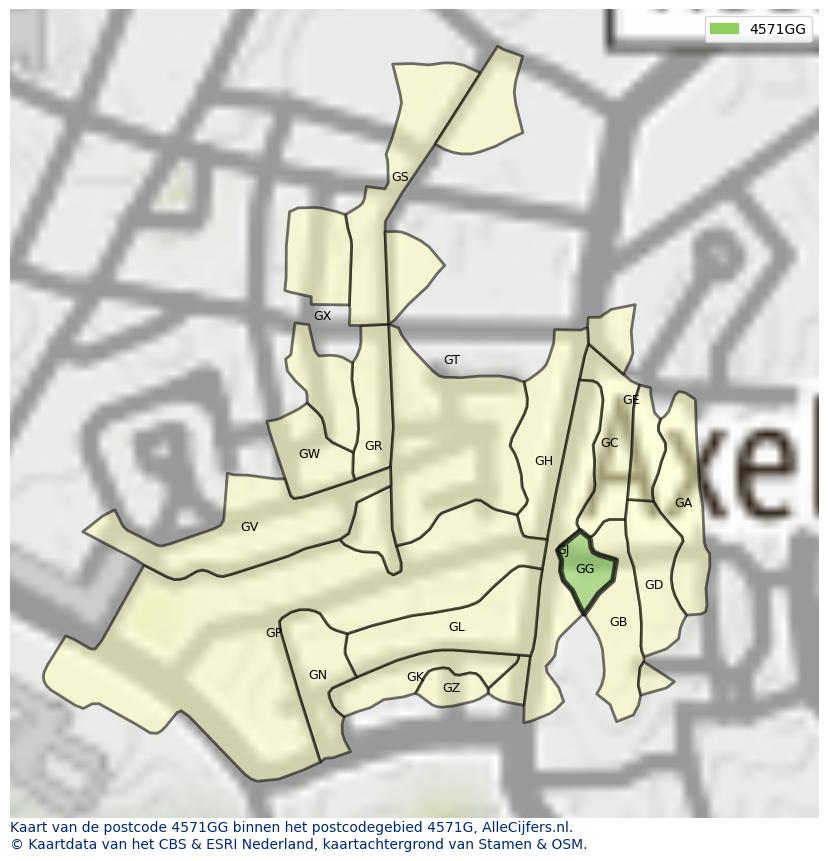 Afbeelding van het postcodegebied 4571 GG op de kaart.
