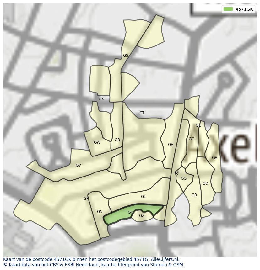 Afbeelding van het postcodegebied 4571 GK op de kaart.