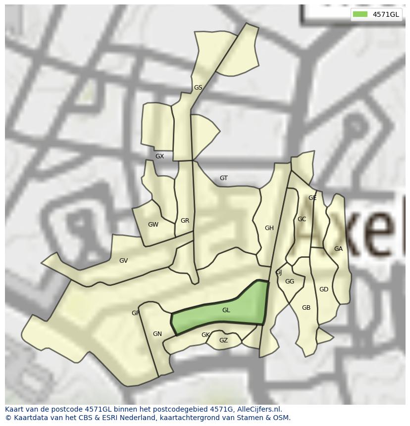 Afbeelding van het postcodegebied 4571 GL op de kaart.