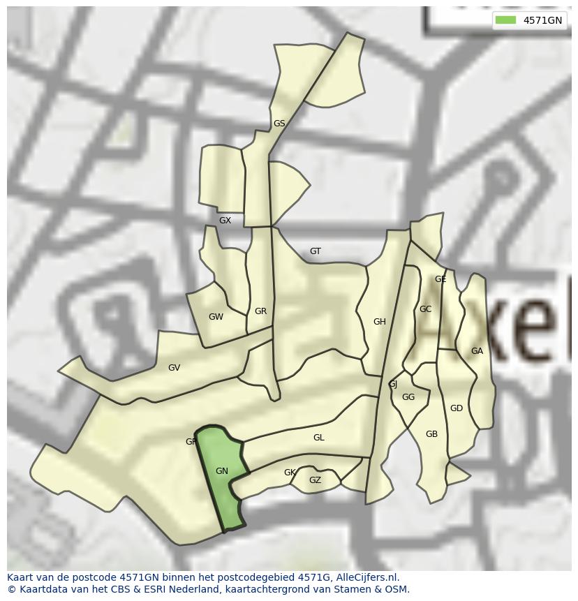 Afbeelding van het postcodegebied 4571 GN op de kaart.