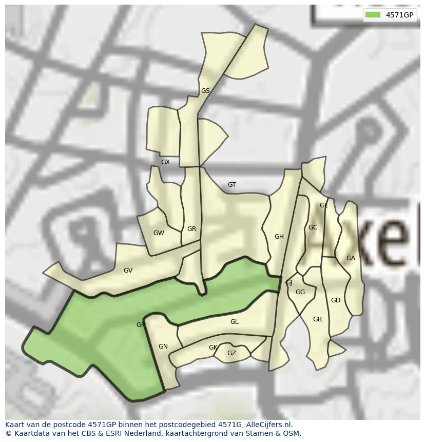 Afbeelding van het postcodegebied 4571 GP op de kaart.