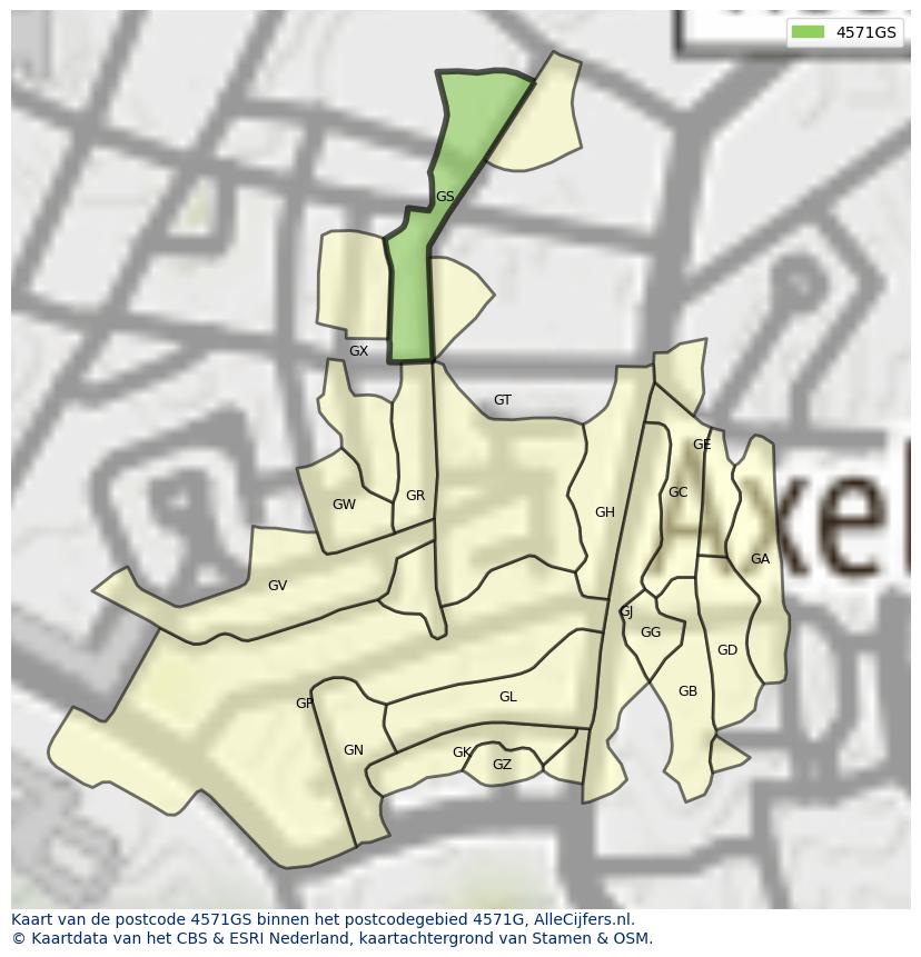 Afbeelding van het postcodegebied 4571 GS op de kaart.