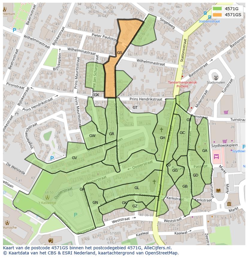 Afbeelding van het postcodegebied 4571 GS op de kaart.