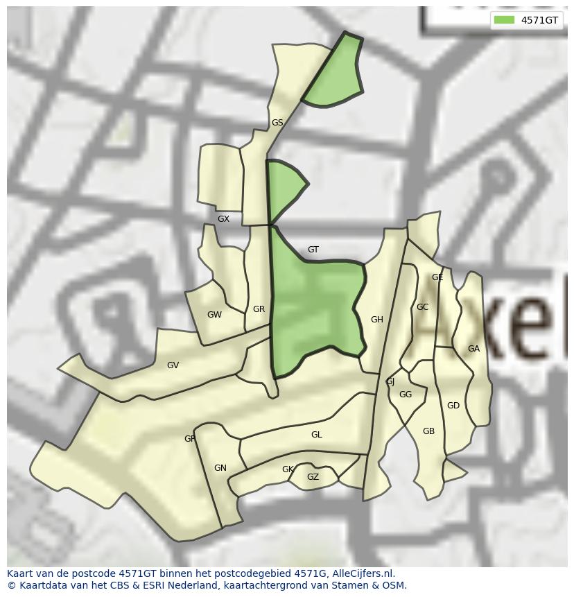Afbeelding van het postcodegebied 4571 GT op de kaart.