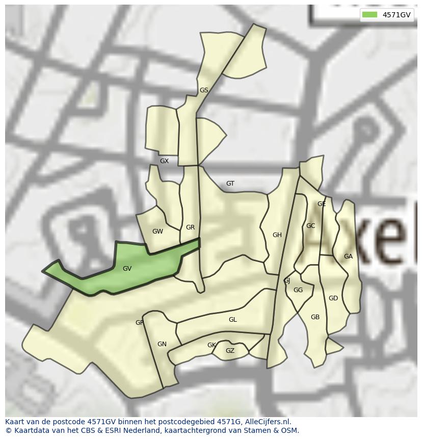 Afbeelding van het postcodegebied 4571 GV op de kaart.