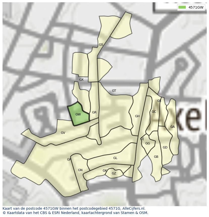 Afbeelding van het postcodegebied 4571 GW op de kaart.