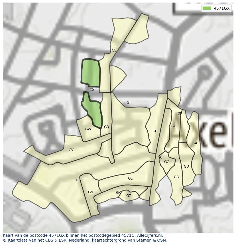 Afbeelding van het postcodegebied 4571 GX op de kaart.