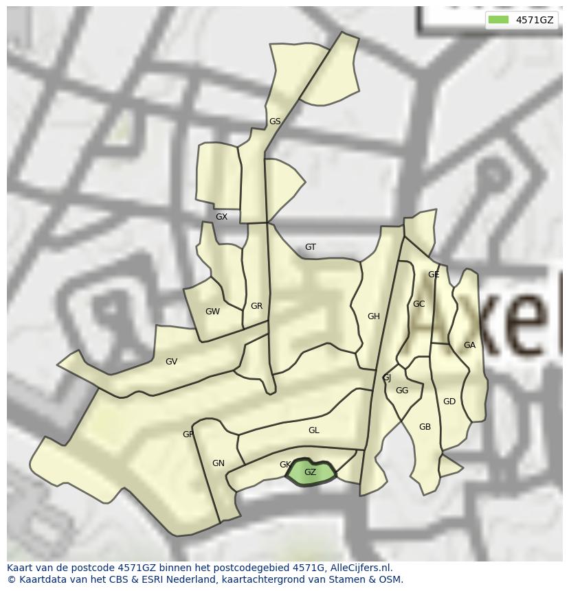 Afbeelding van het postcodegebied 4571 GZ op de kaart.