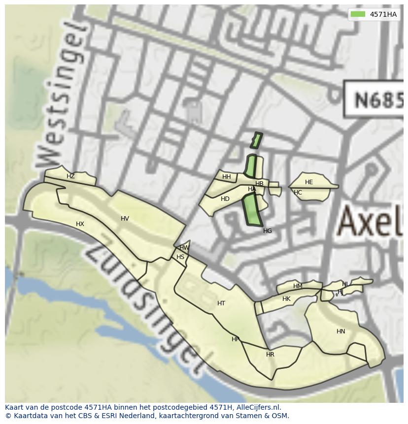 Afbeelding van het postcodegebied 4571 HA op de kaart.