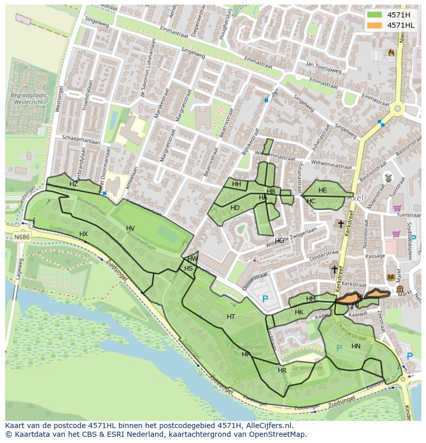 Afbeelding van het postcodegebied 4571 HL op de kaart.