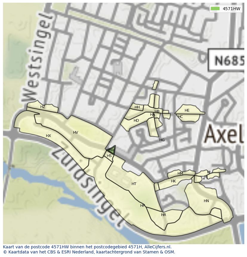 Afbeelding van het postcodegebied 4571 HW op de kaart.