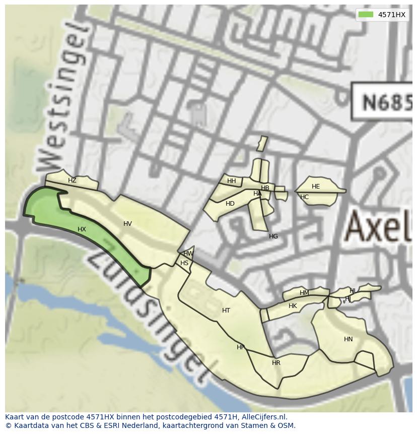 Afbeelding van het postcodegebied 4571 HX op de kaart.