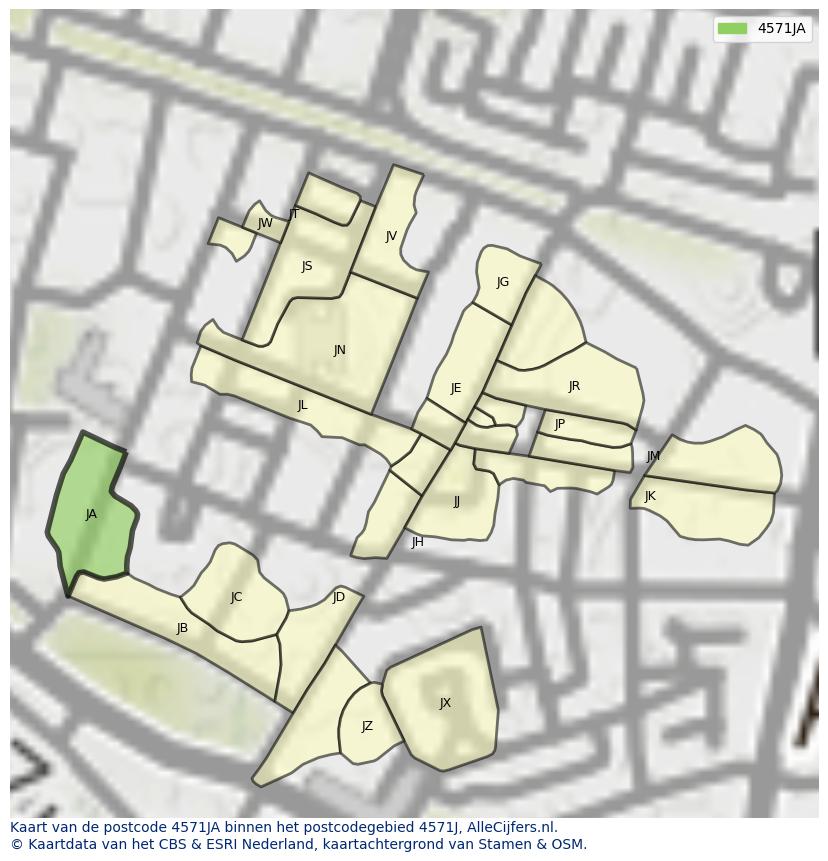 Afbeelding van het postcodegebied 4571 JA op de kaart.