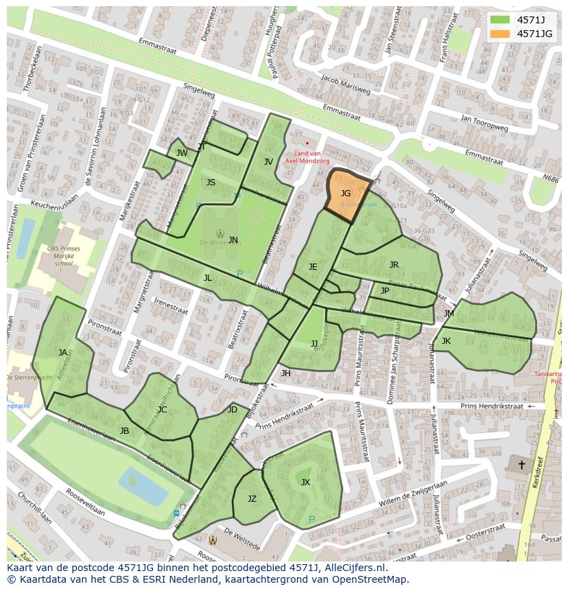 Afbeelding van het postcodegebied 4571 JG op de kaart.