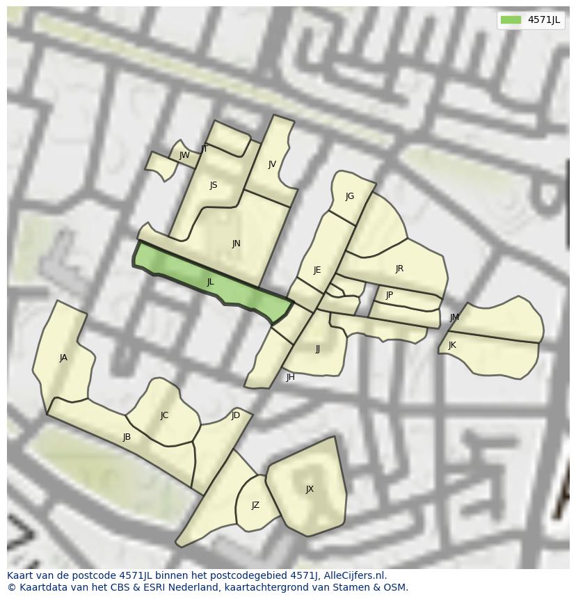 Afbeelding van het postcodegebied 4571 JL op de kaart.