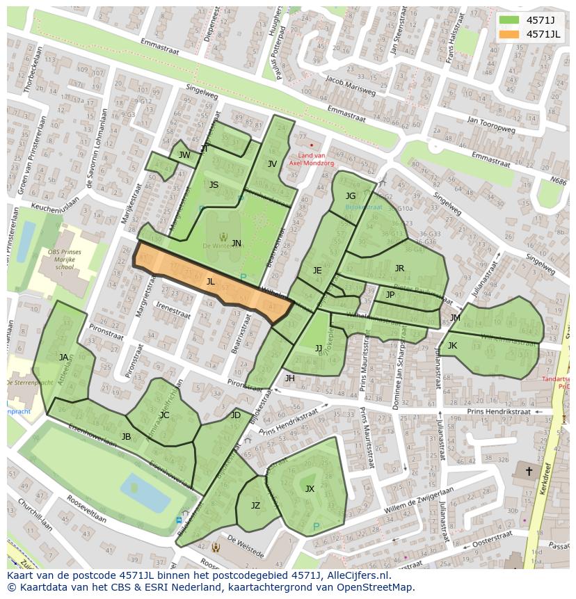 Afbeelding van het postcodegebied 4571 JL op de kaart.