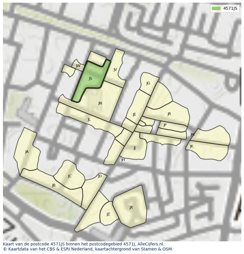 Afbeelding van het postcodegebied 4571 JS op de kaart.