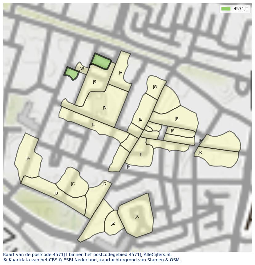 Afbeelding van het postcodegebied 4571 JT op de kaart.