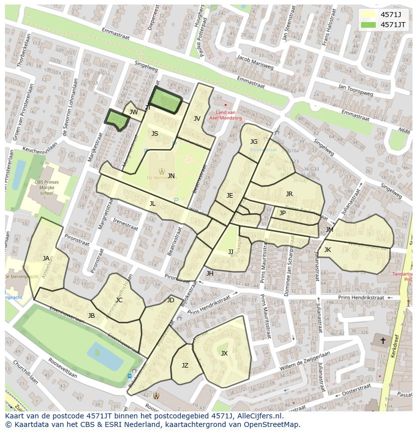 Afbeelding van het postcodegebied 4571 JT op de kaart.