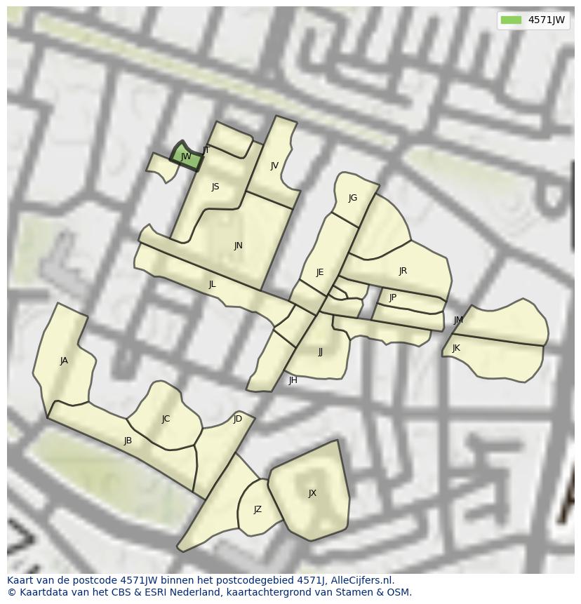 Afbeelding van het postcodegebied 4571 JW op de kaart.