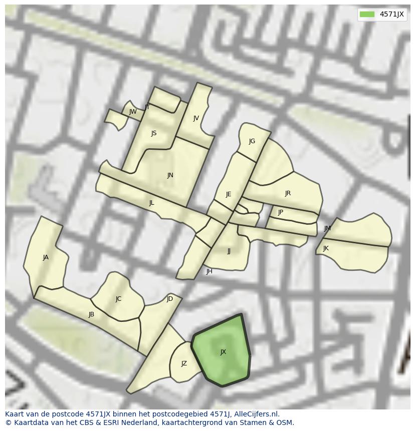 Afbeelding van het postcodegebied 4571 JX op de kaart.