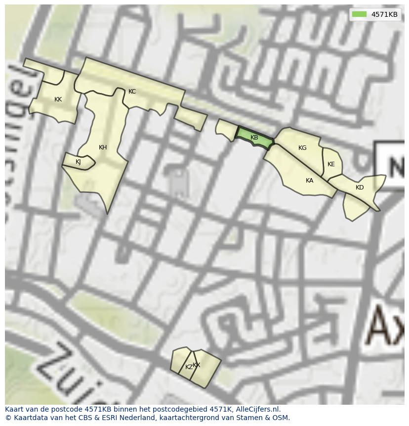 Afbeelding van het postcodegebied 4571 KB op de kaart.