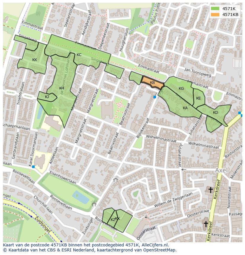 Afbeelding van het postcodegebied 4571 KB op de kaart.