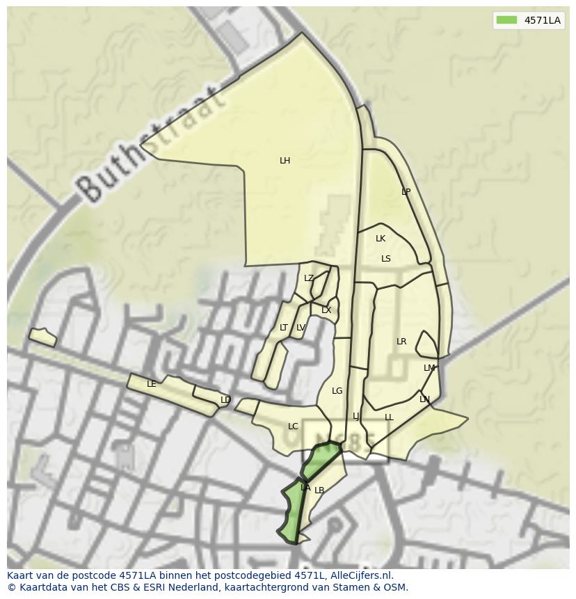 Afbeelding van het postcodegebied 4571 LA op de kaart.