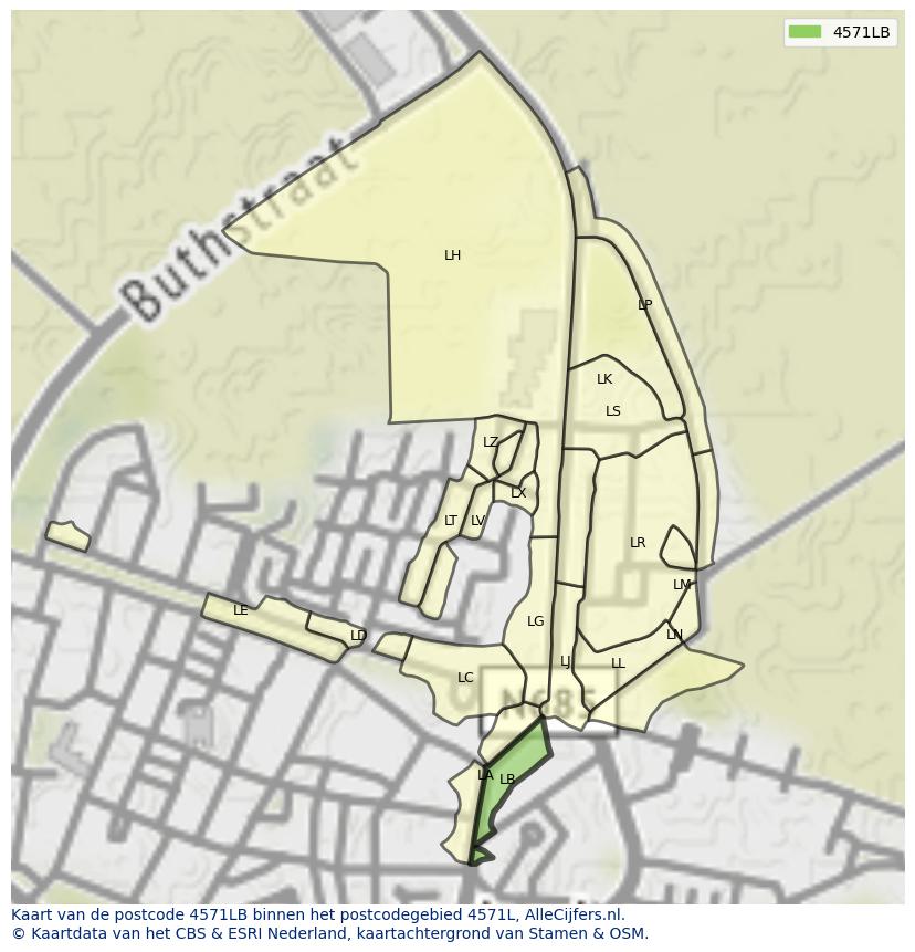 Afbeelding van het postcodegebied 4571 LB op de kaart.