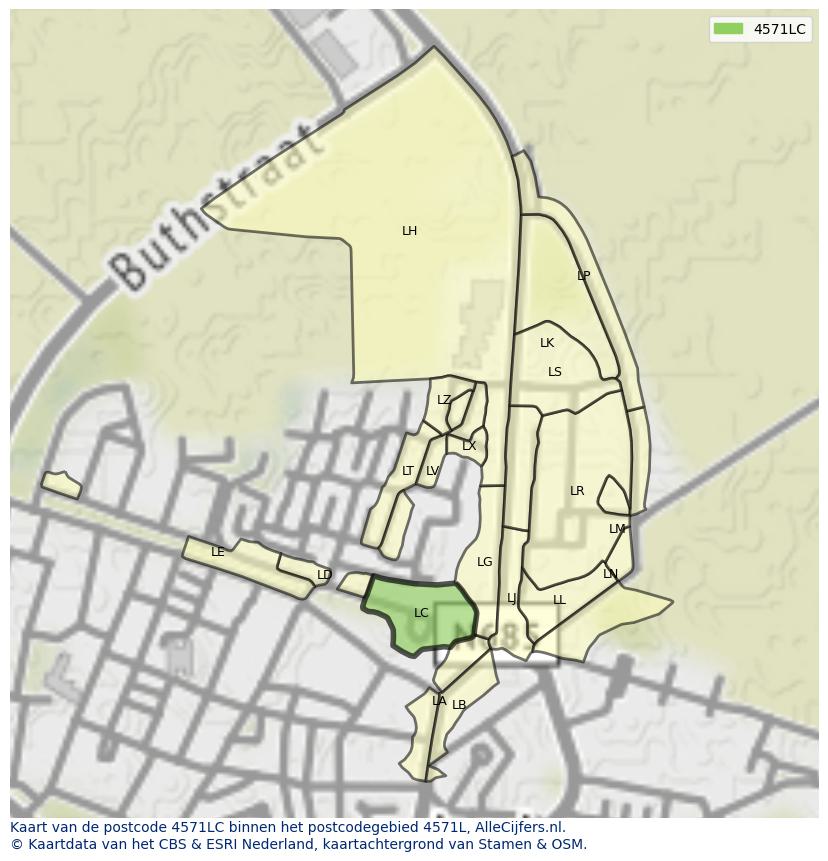 Afbeelding van het postcodegebied 4571 LC op de kaart.