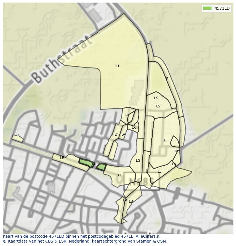 Afbeelding van het postcodegebied 4571 LD op de kaart.