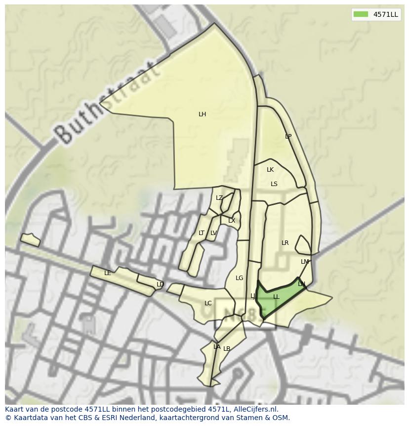 Afbeelding van het postcodegebied 4571 LL op de kaart.