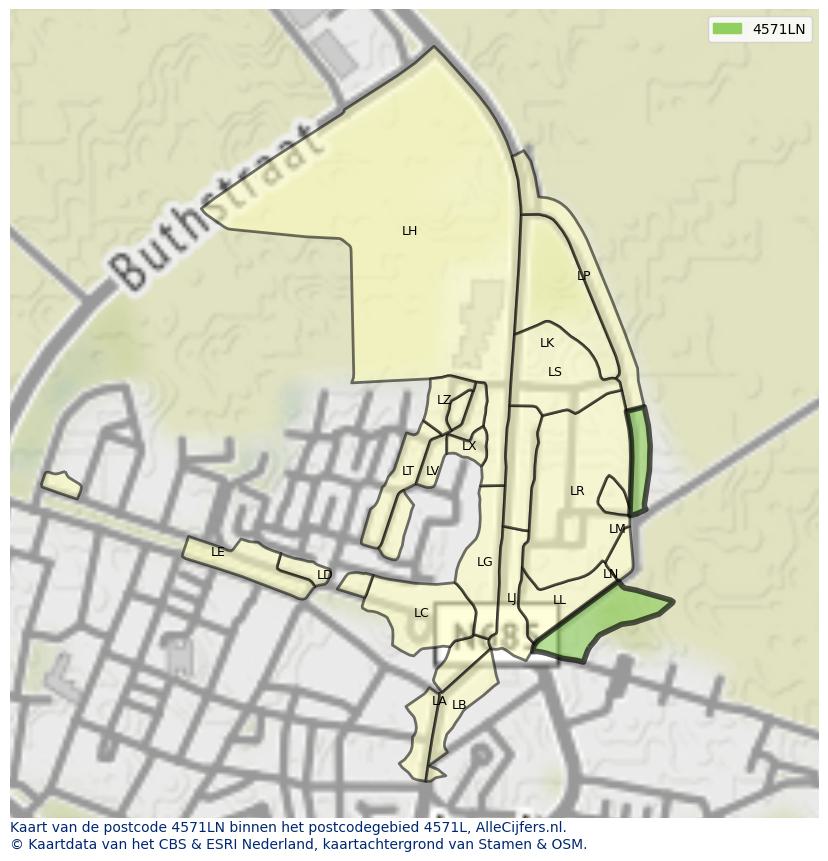Afbeelding van het postcodegebied 4571 LN op de kaart.