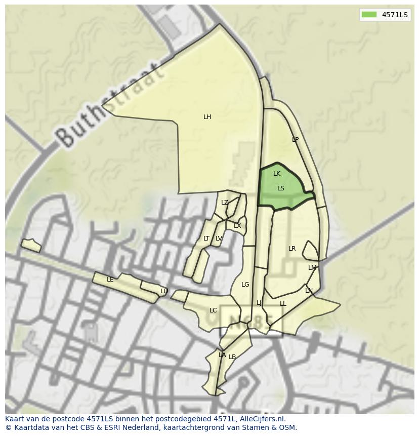 Afbeelding van het postcodegebied 4571 LS op de kaart.