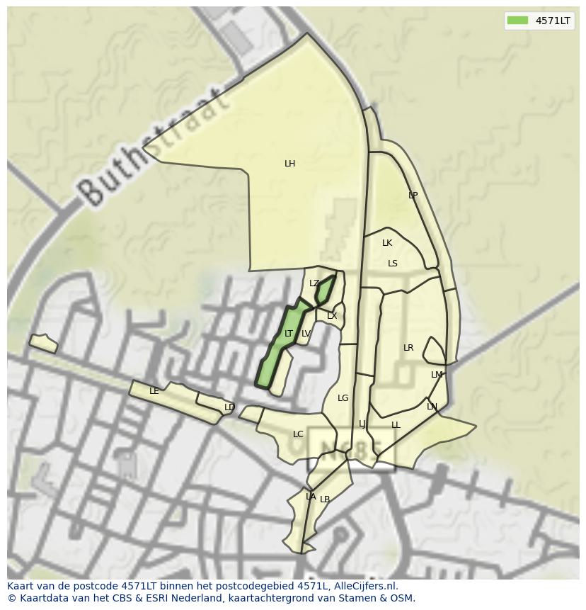 Afbeelding van het postcodegebied 4571 LT op de kaart.