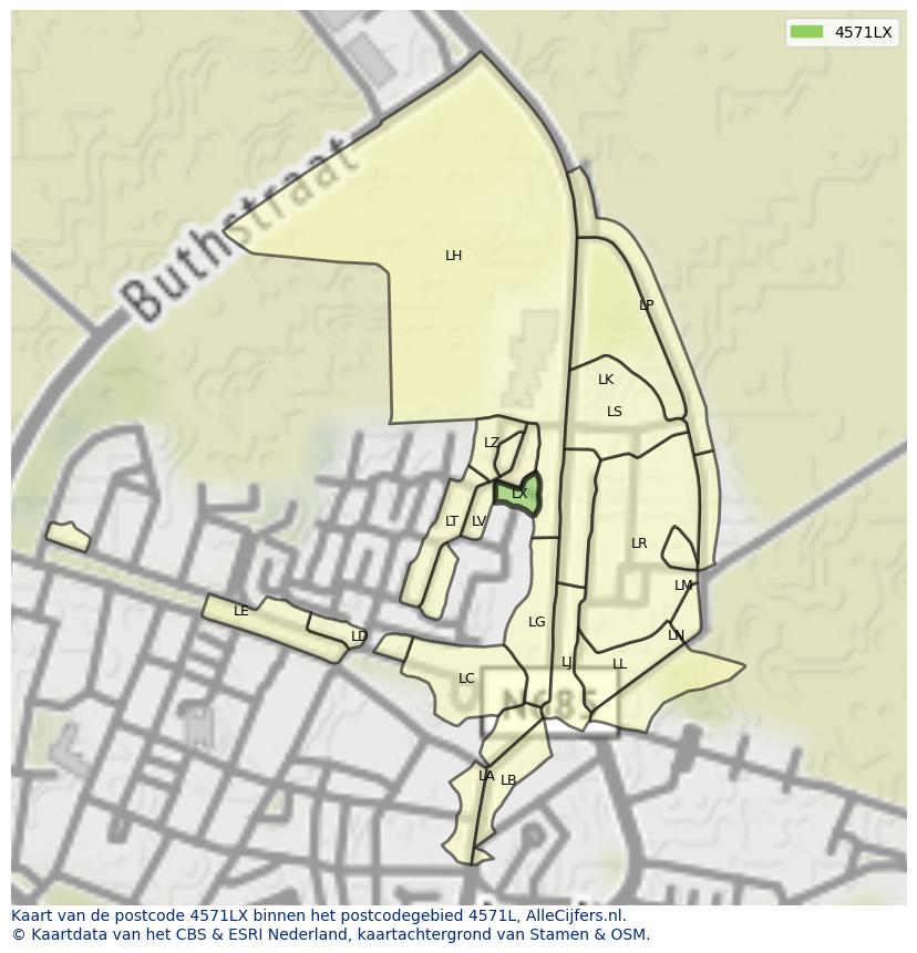 Afbeelding van het postcodegebied 4571 LX op de kaart.