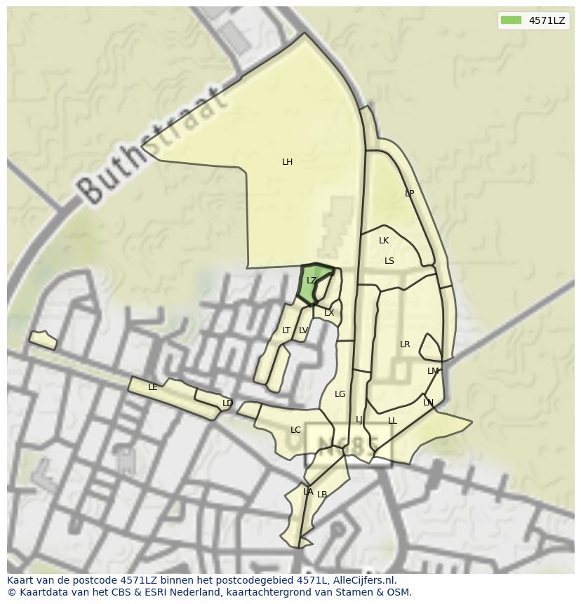 Afbeelding van het postcodegebied 4571 LZ op de kaart.