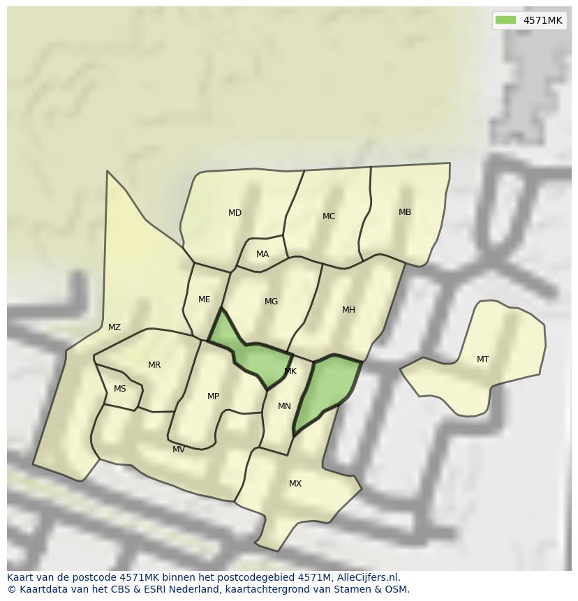 Afbeelding van het postcodegebied 4571 MK op de kaart.